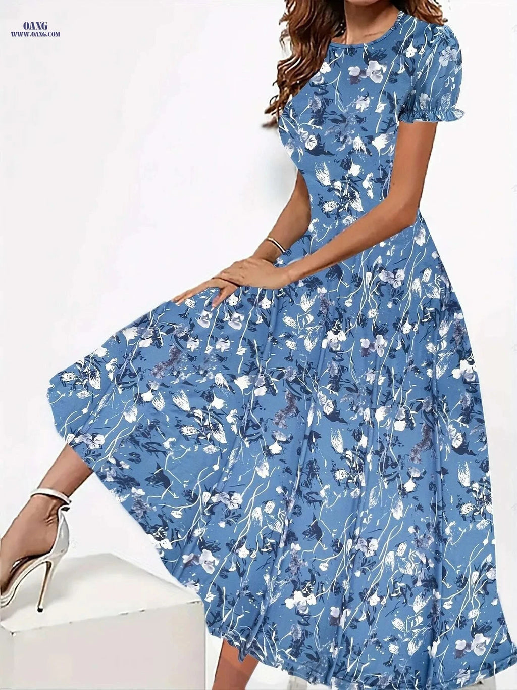 Elegant Floral Print Crew Neck Dress - Women's Short Sleeve Style   OAXG The color of rouge / S