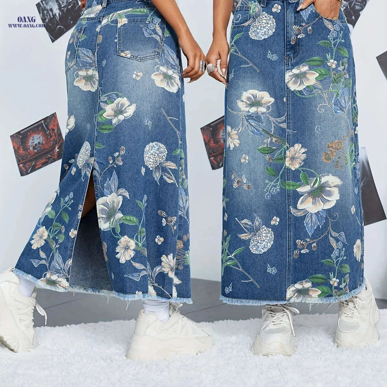 Elegant Floral Print Denim Maxi Skirt - High Rise with Pockets   OAXG Blue / S