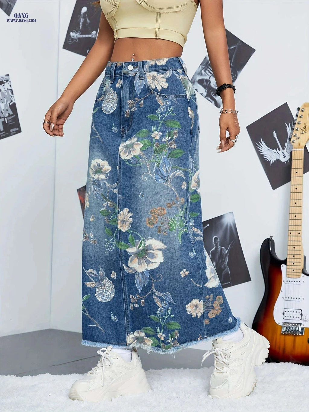 Elegant Floral Print Denim Maxi Skirt - High Rise with Pockets   OAXG Blue / S