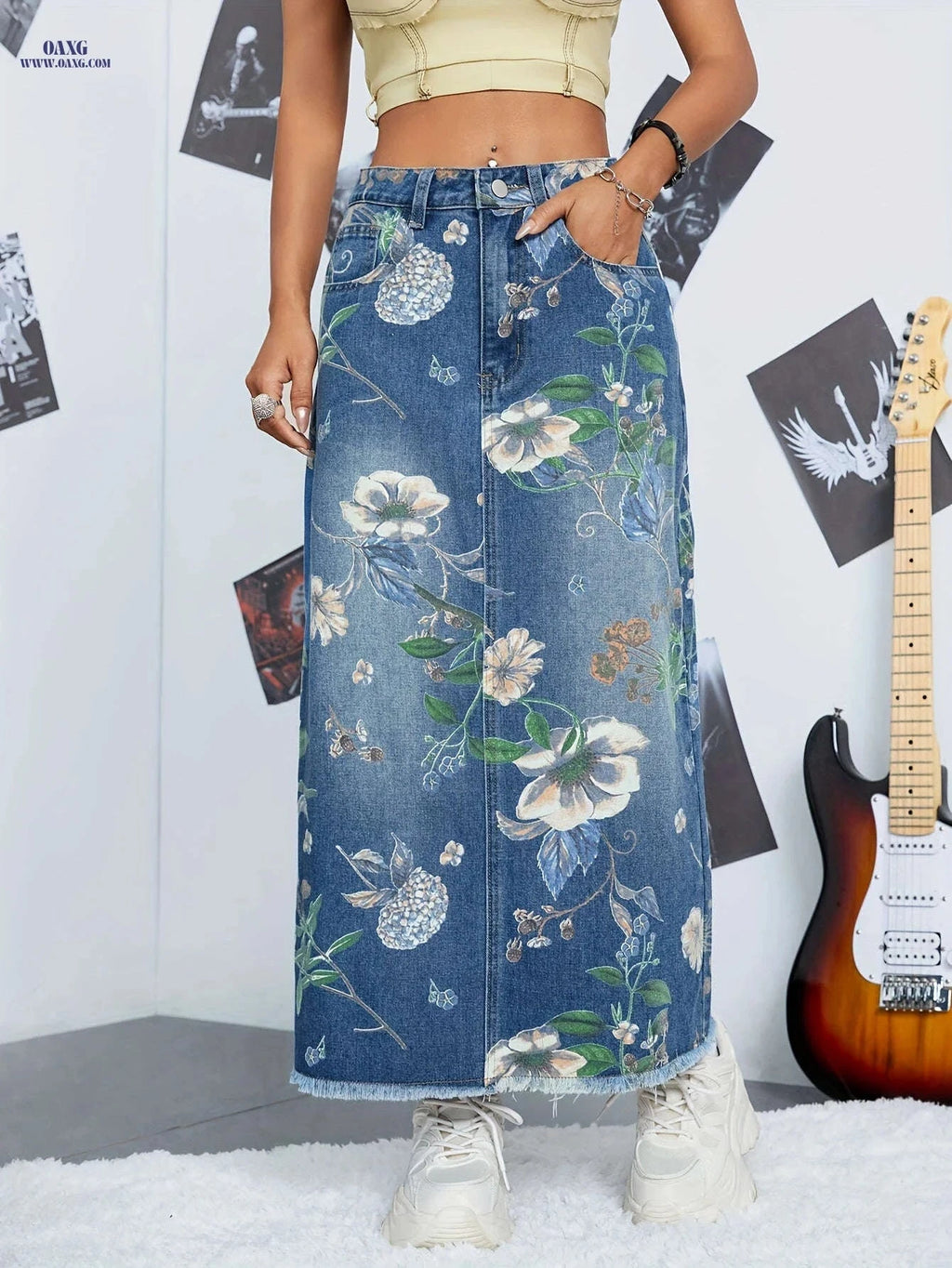 Elegant Floral Print Denim Maxi Skirt - High Rise with Pockets   OAXG Blue / S