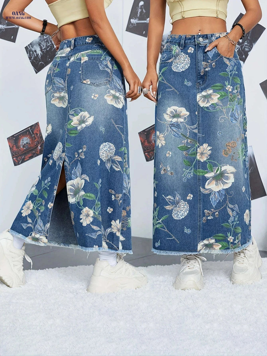 Elegant Floral Print Denim Maxi Skirt - High Rise with Pockets   OAXG 