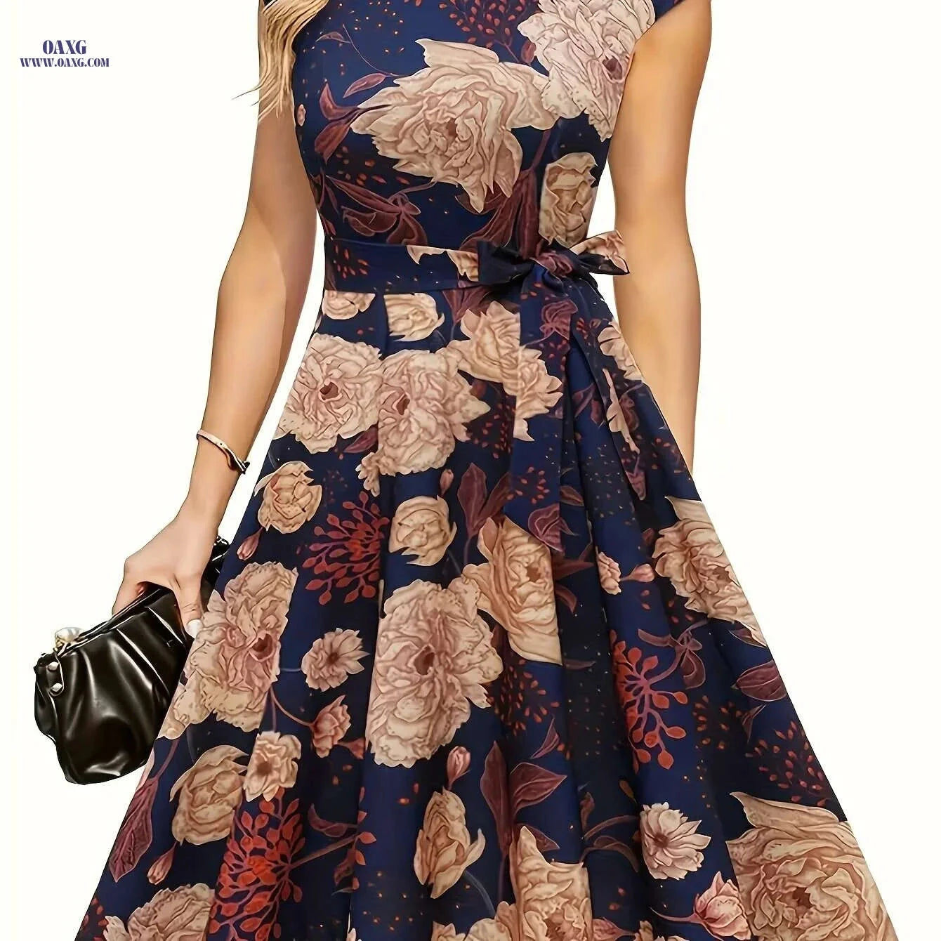 Elegant Floral Print Dress for Women - Sleeveless Polyester Design   OAXG Peach / S