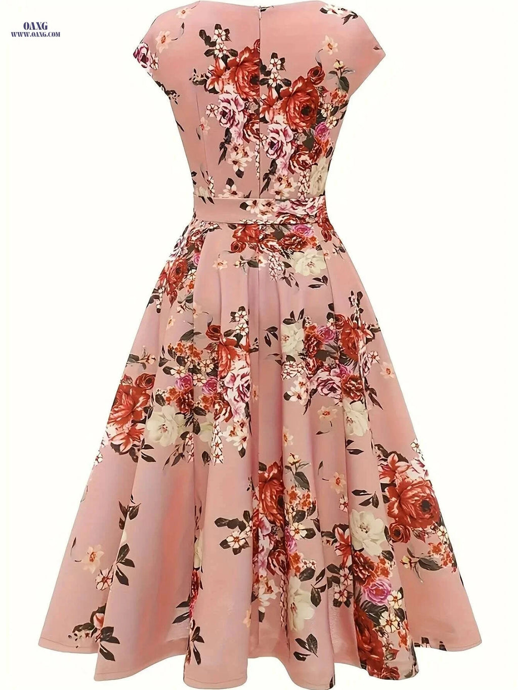 Elegant Floral Print Dress for Women - Sleeveless Polyester Design   OAXG Peach / S
