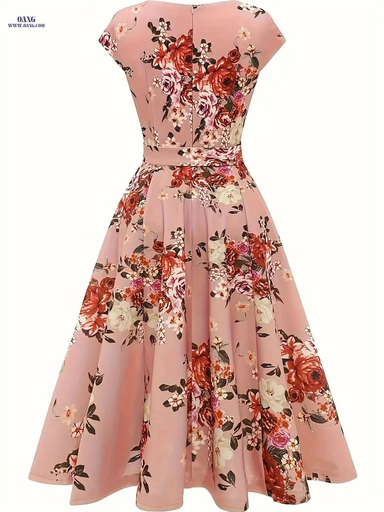 Elegant Floral Print Dress for Women - Sleeveless Polyester Design   OAXG Peach / S