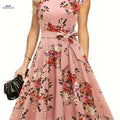 Elegant Floral Print Dress for Women - Sleeveless Polyester Design   OAXG Peach / S