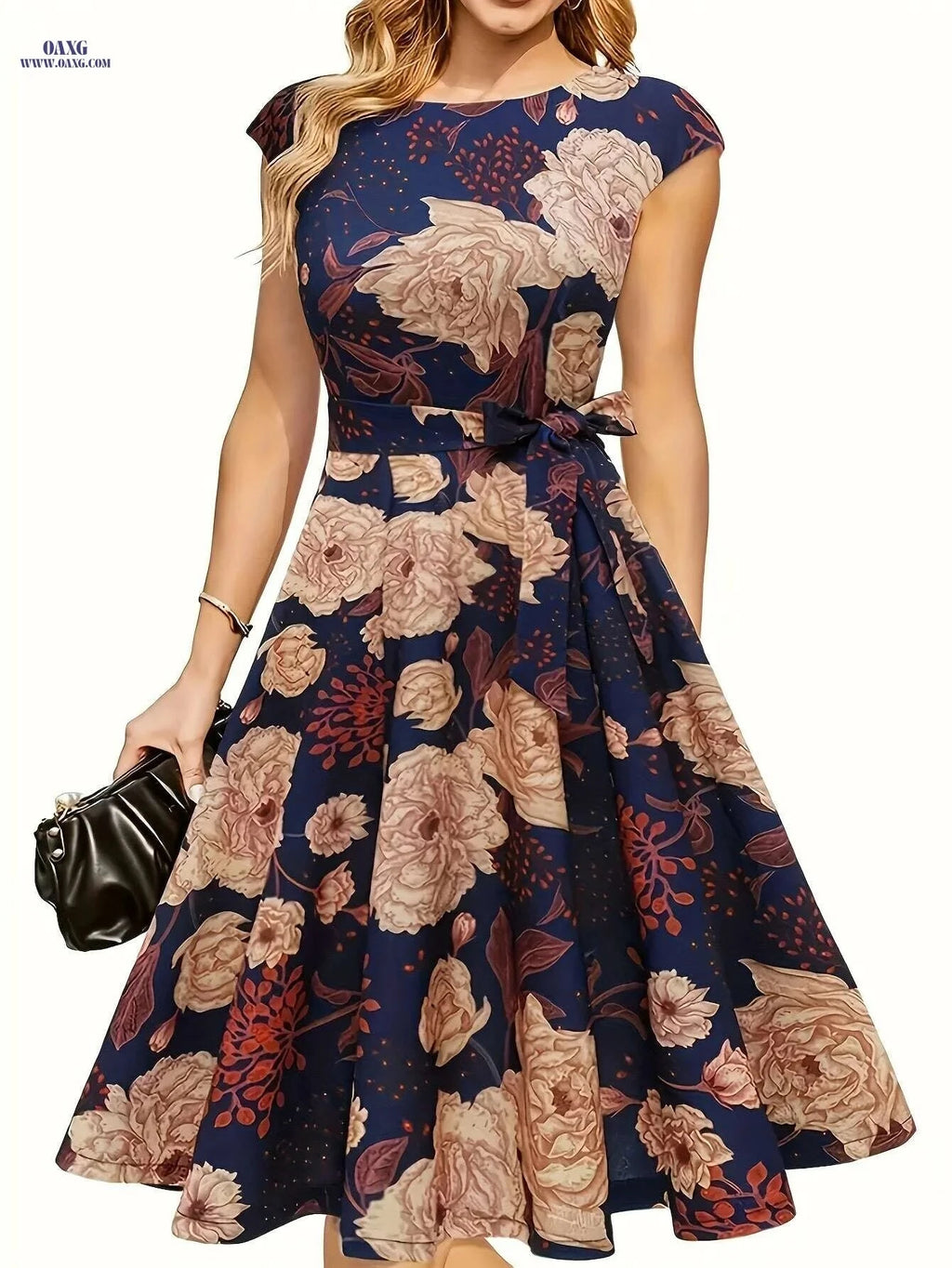 Elegant Floral Print Dress for Women - Sleeveless Polyester Design   OAXG Peach / S