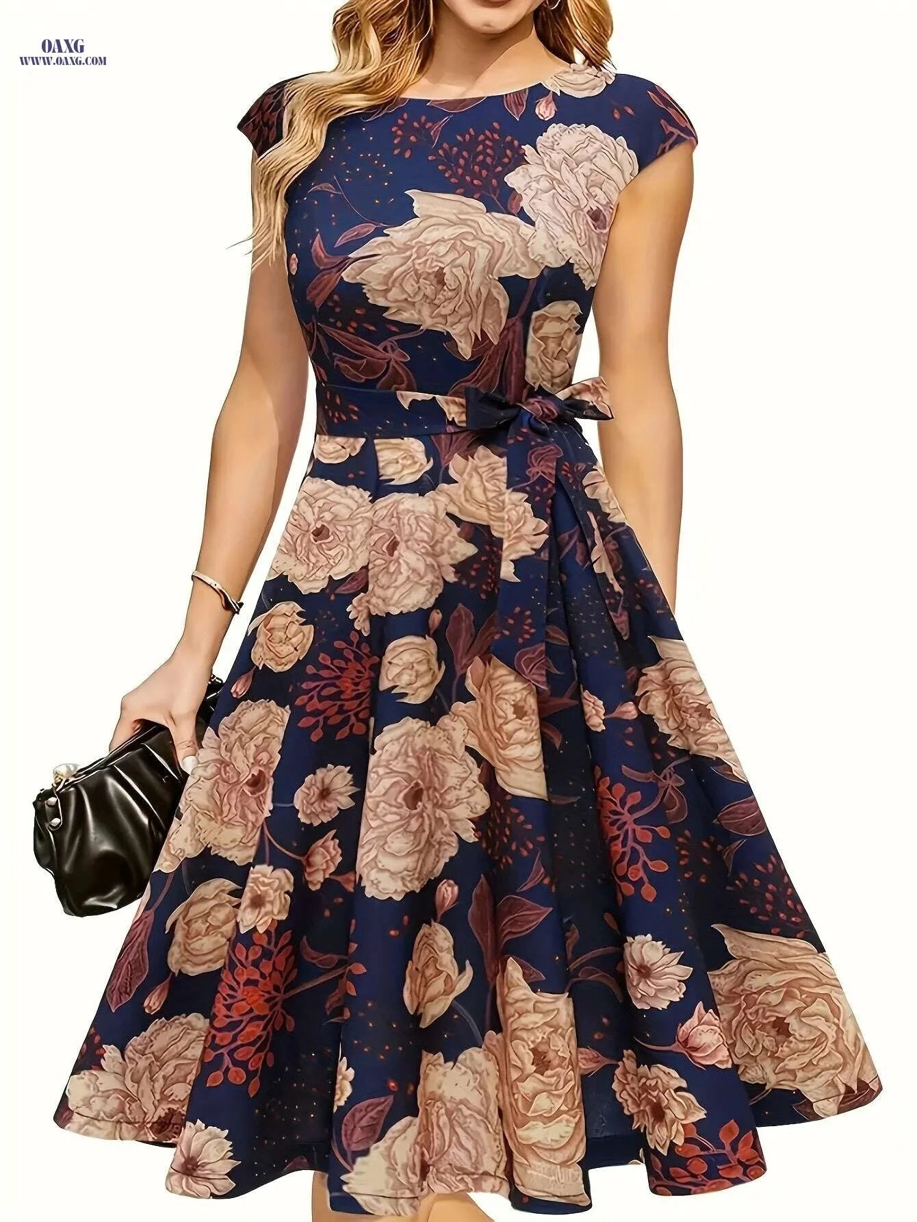 Elegant Floral Print Dress for Women - Sleeveless Polyester Design   OAXG Peach / S