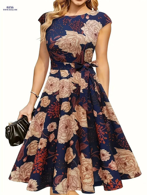Elegant Floral Print Dress for Women - Sleeveless Polyester Design   OAXG Peach / S