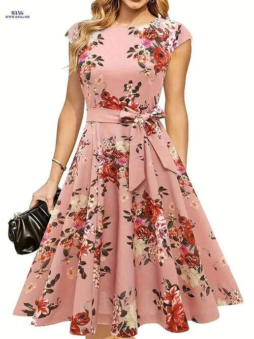 Elegant Floral Print Dress for Women - Sleeveless Polyester Design   OAXG 