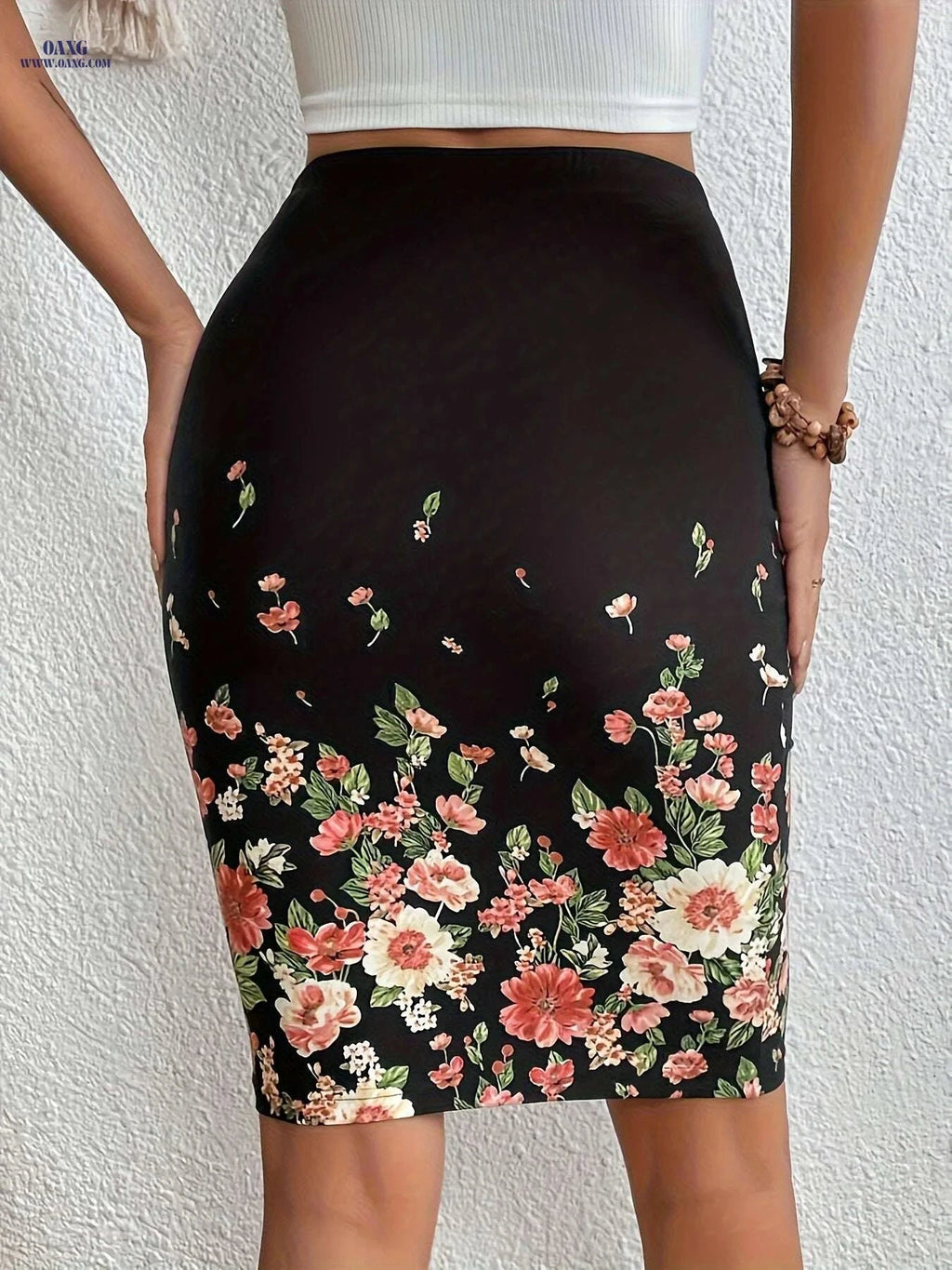 Elegant Floral Print High Waist Skirt for Spring & Summer   OAXG Black / S