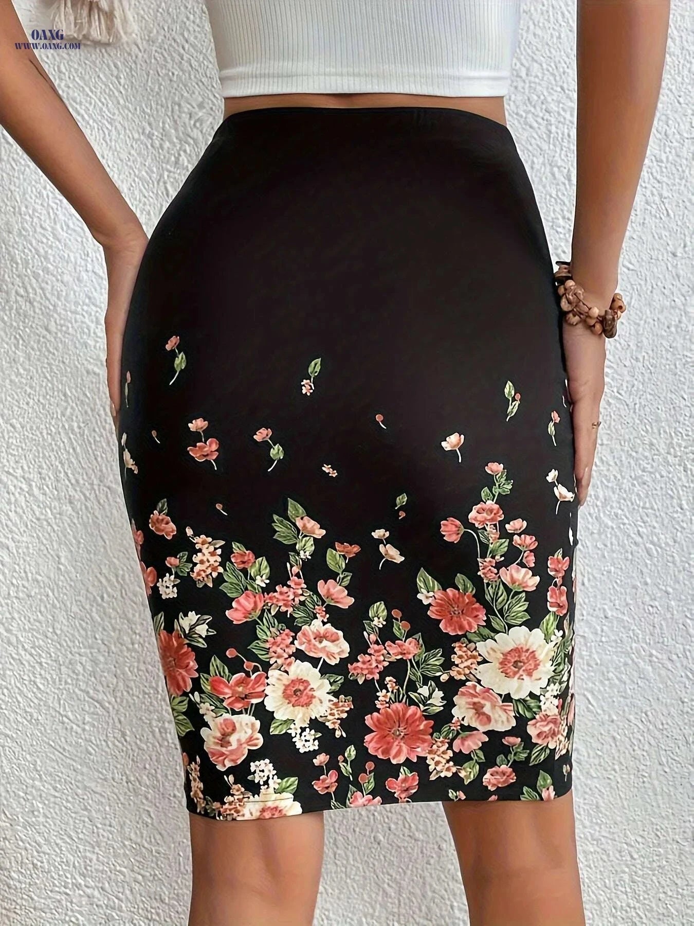 Elegant Floral Print High Waist Skirt for Spring & Summer   OAXG Black / S