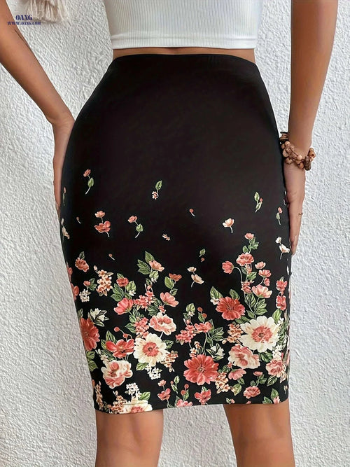 Elegant Floral Print High Waist Skirt for Spring & Summer   OAXG Black / S