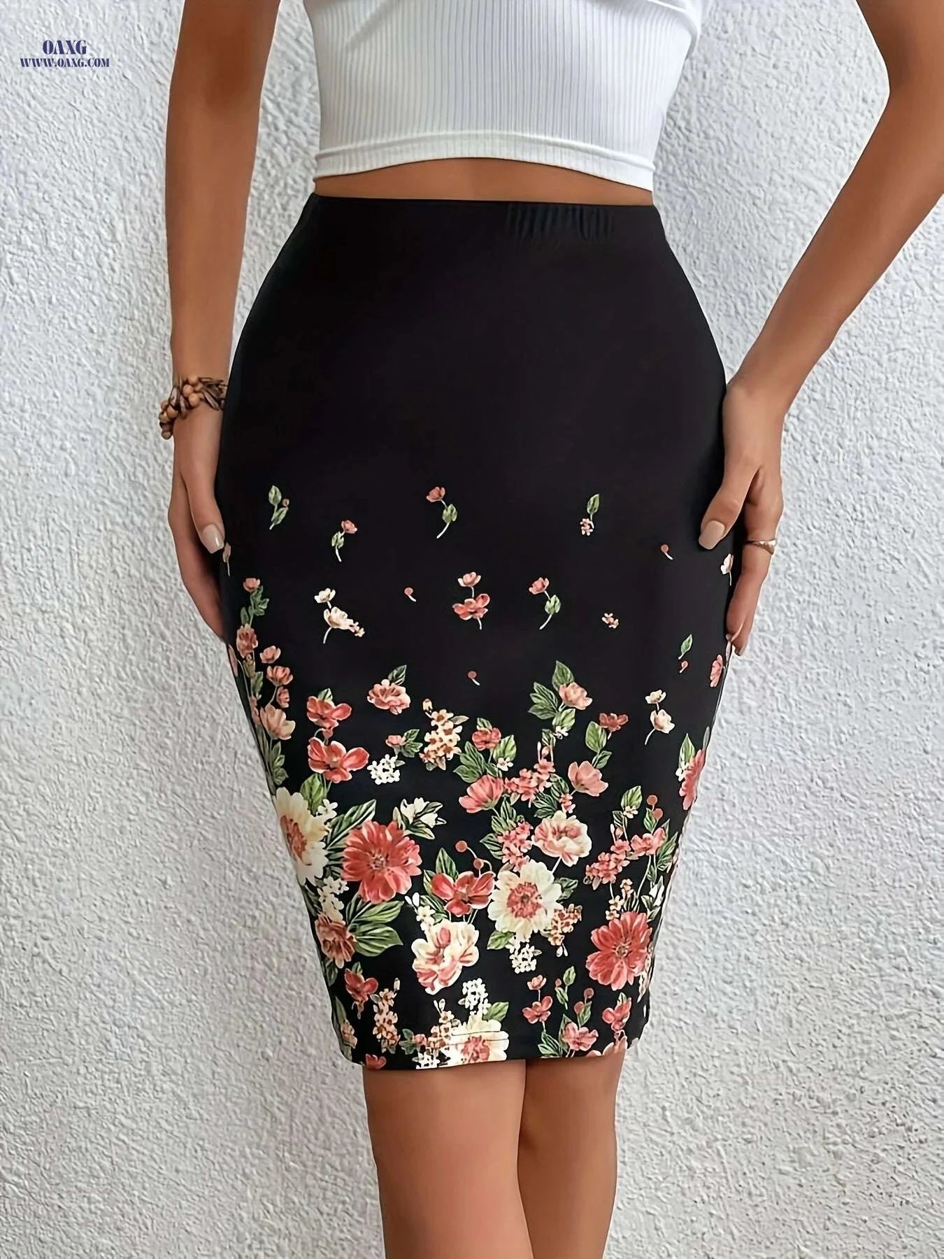 Elegant Floral Print High Waist Skirt for Spring & Summer   OAXG 