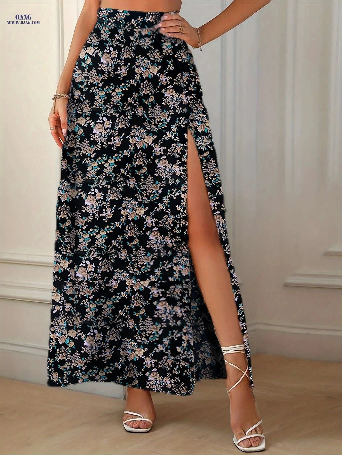Elegant Floral Print High-Waisted Skirt - Women's Spring/Summer Fashion   OAXG 