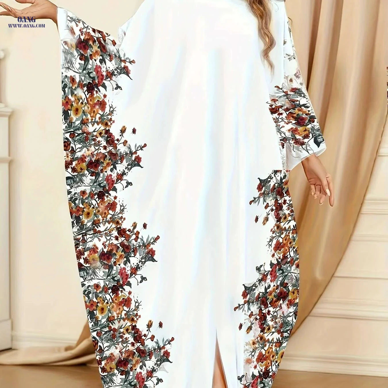 Elegant Floral Print Kaftan Abaya - Women's Split Maxi Dress   OAXG 