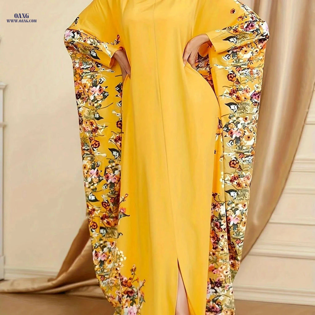 Elegant Floral Print Kaftan Abaya - Women's Split Maxi Dress   OAXG 