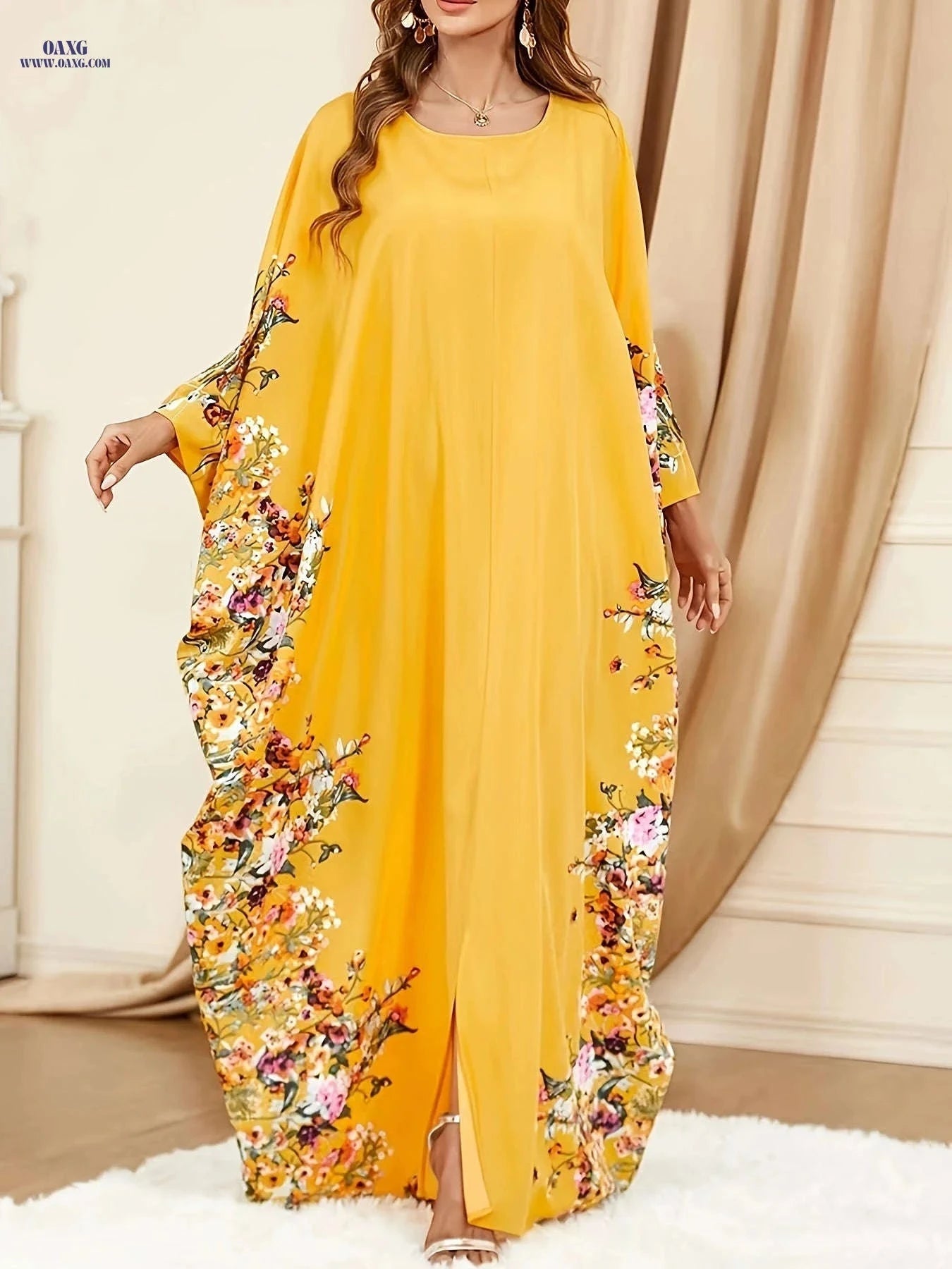 Elegant Floral Print Kaftan Abaya - Women's Split Maxi Dress   OAXG 