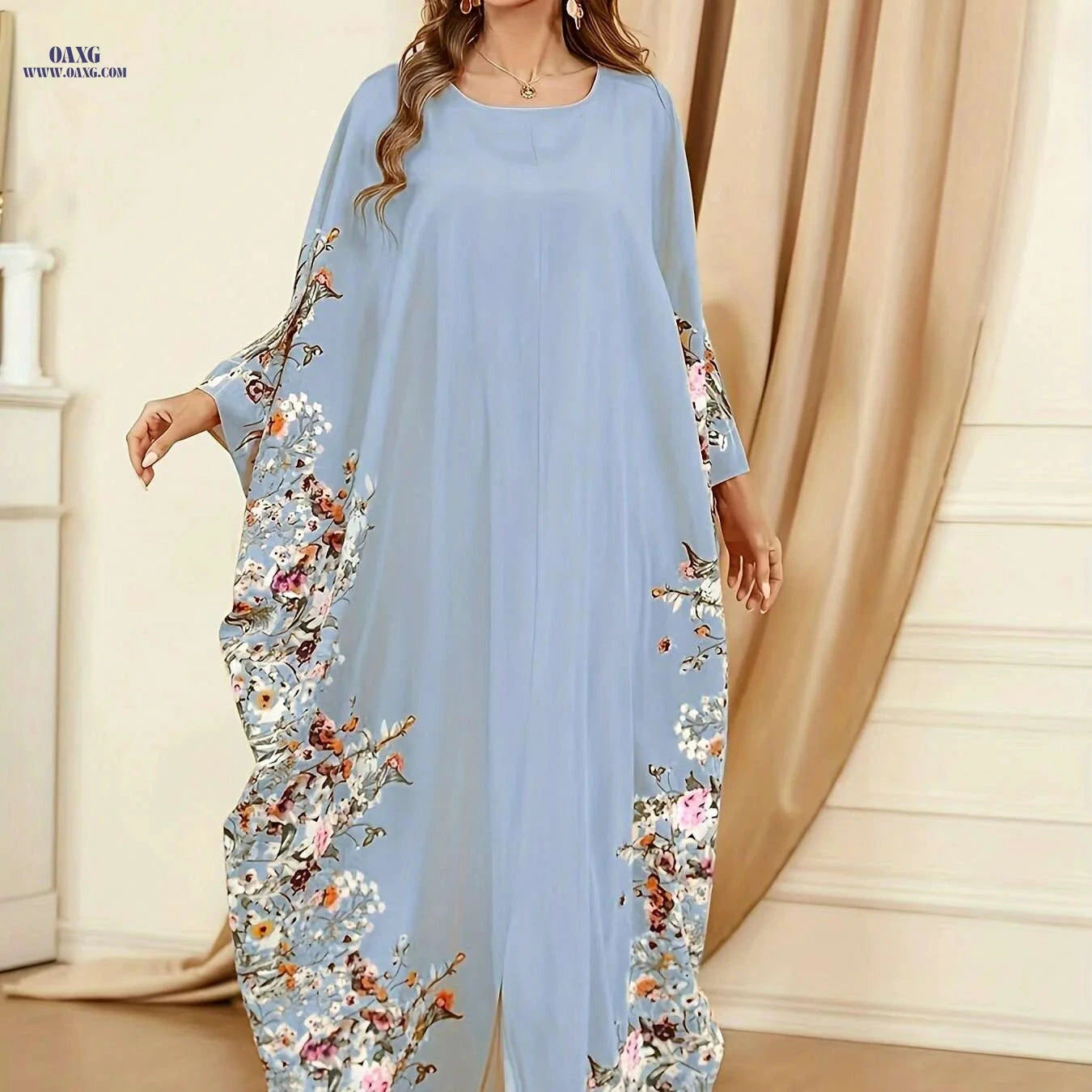 Elegant Floral Print Kaftan Abaya - Women's Split Maxi Dress   OAXG 