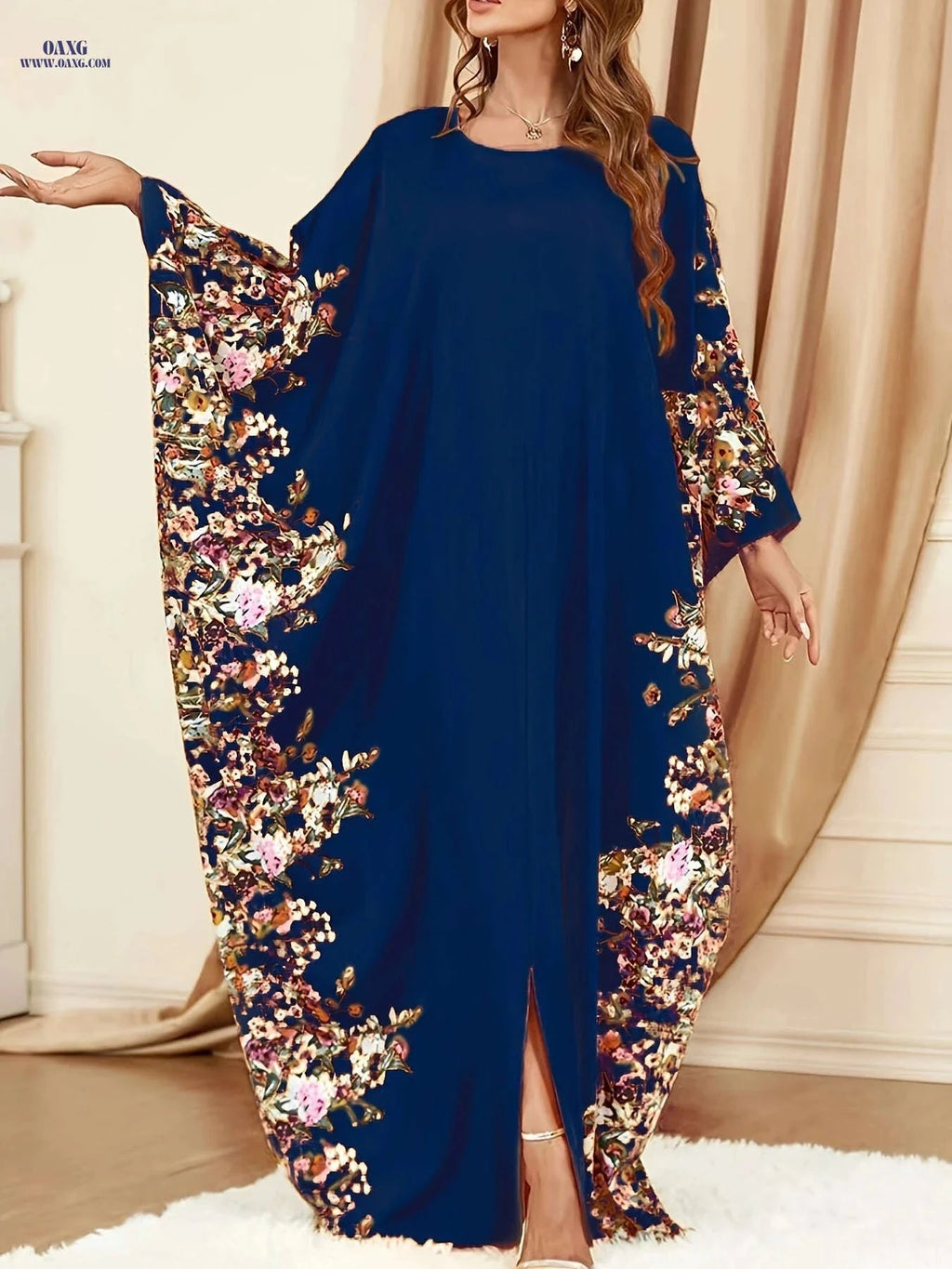 Elegant Floral Print Kaftan Abaya - Women's Split Maxi Dress   OAXG 