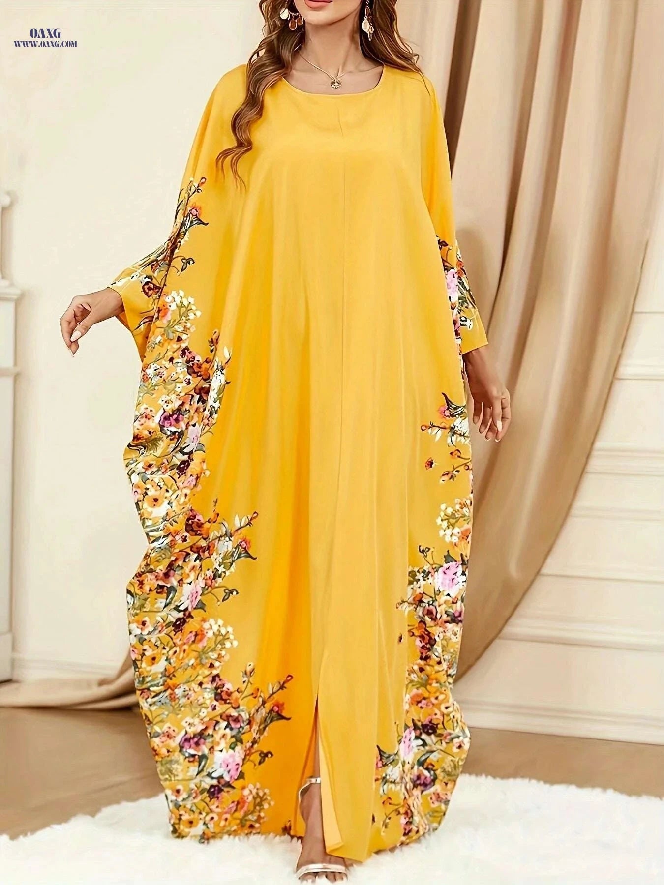 Elegant Floral Print Kaftan Abaya - Women's Split Maxi Dress   OAXG orange yellow / One-size