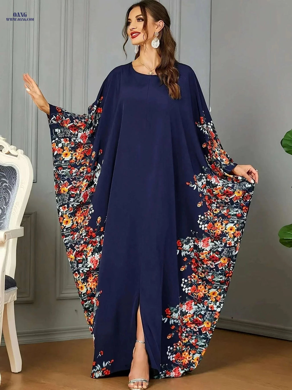 Elegant Floral Print Kaftan Abaya - Women's Split Maxi Dress   OAXG orange yellow / One-size