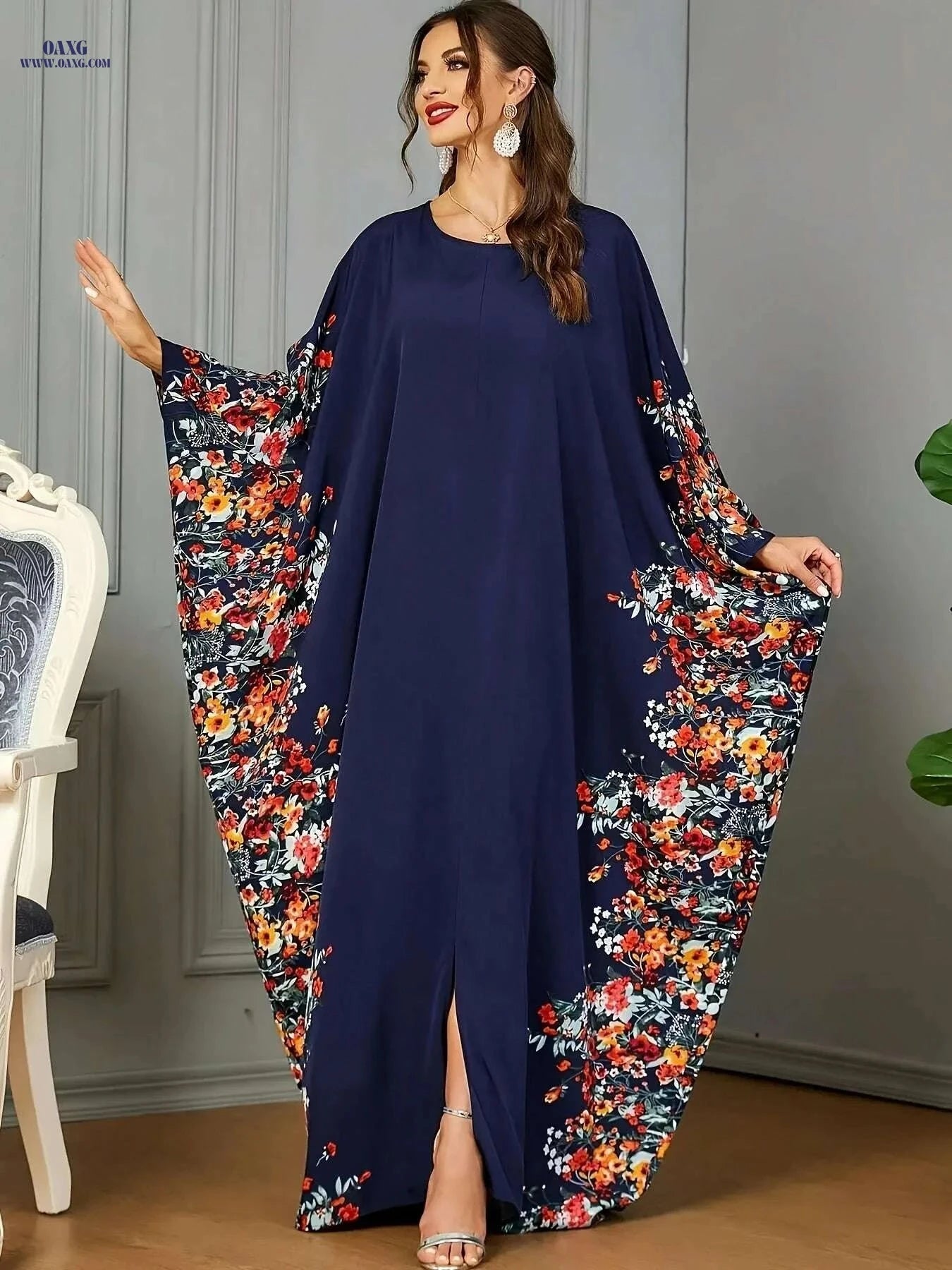 Elegant Floral Print Kaftan Abaya - Women's Split Maxi Dress   OAXG orange yellow / One-size