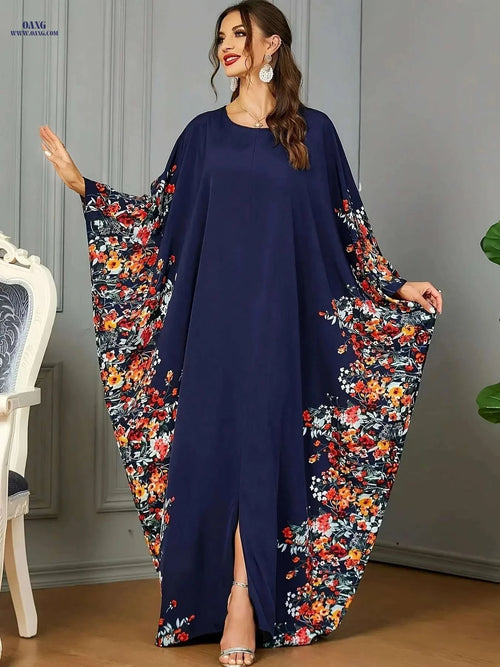 Elegant Floral Print Kaftan Abaya - Women's Split Maxi Dress   OAXG orange yellow / One-size