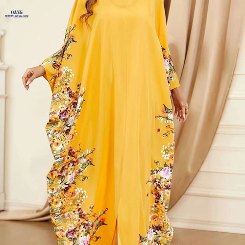 Elegant Floral Print Kaftan Abaya - Women's Split Maxi Dress   OAXG orange yellow / One-size