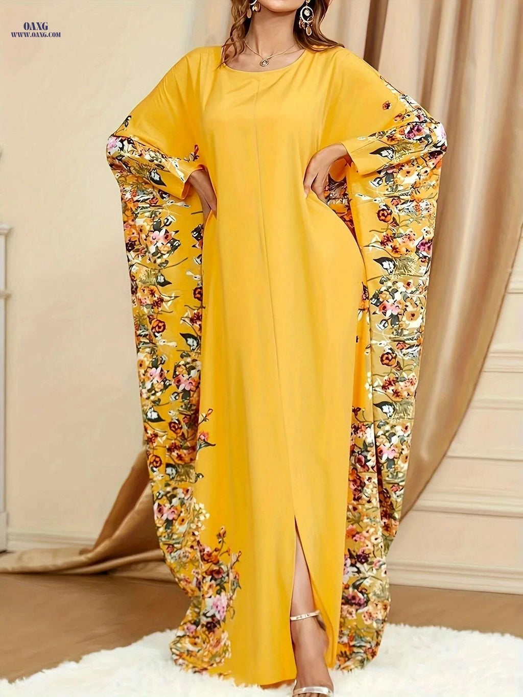 Elegant Floral Print Kaftan Abaya - Women's Split Maxi Dress   OAXG orange yellow / One-size