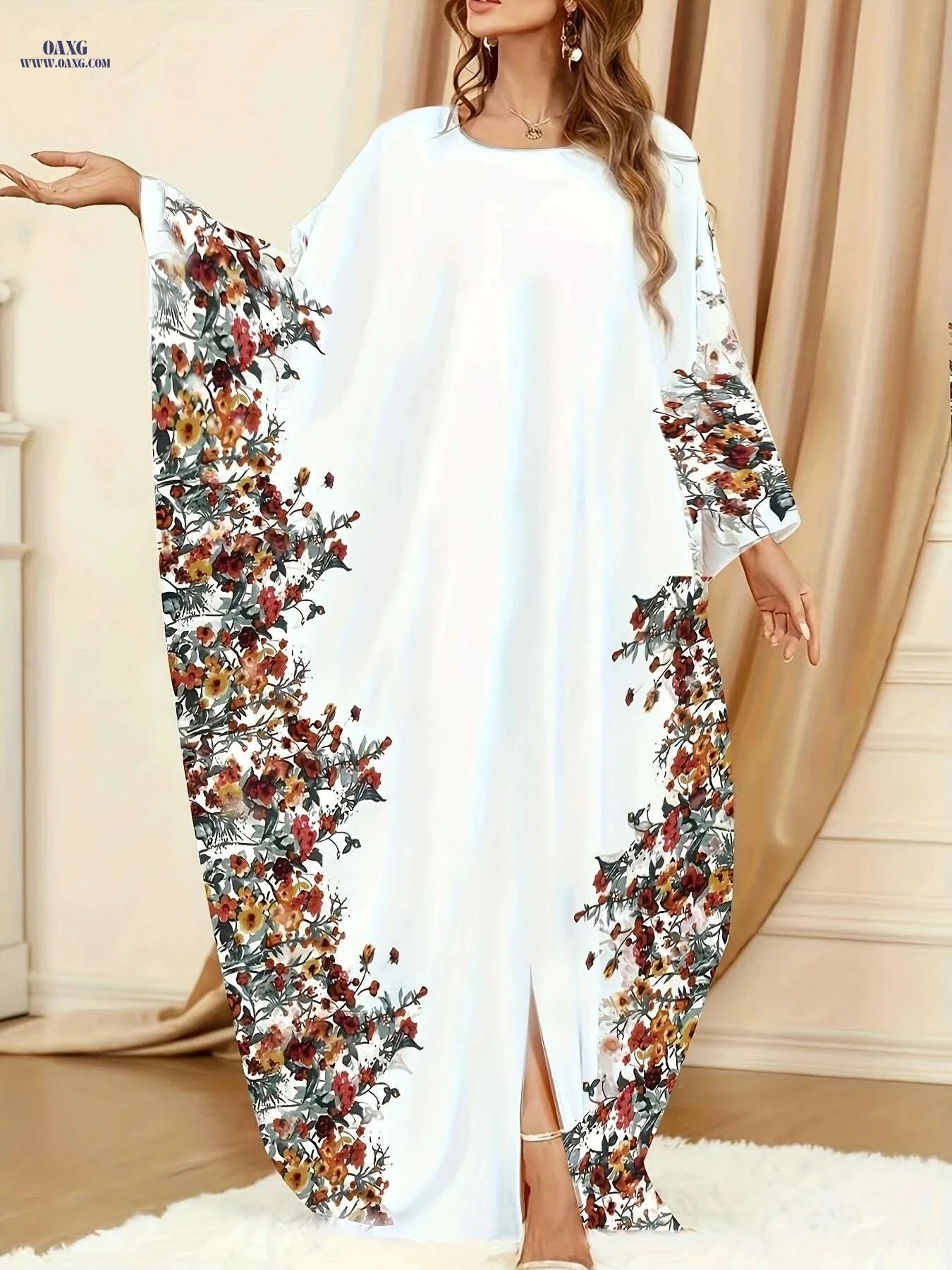Elegant Floral Print Kaftan Abaya - Women's Split Maxi Dress   OAXG orange yellow / One-size