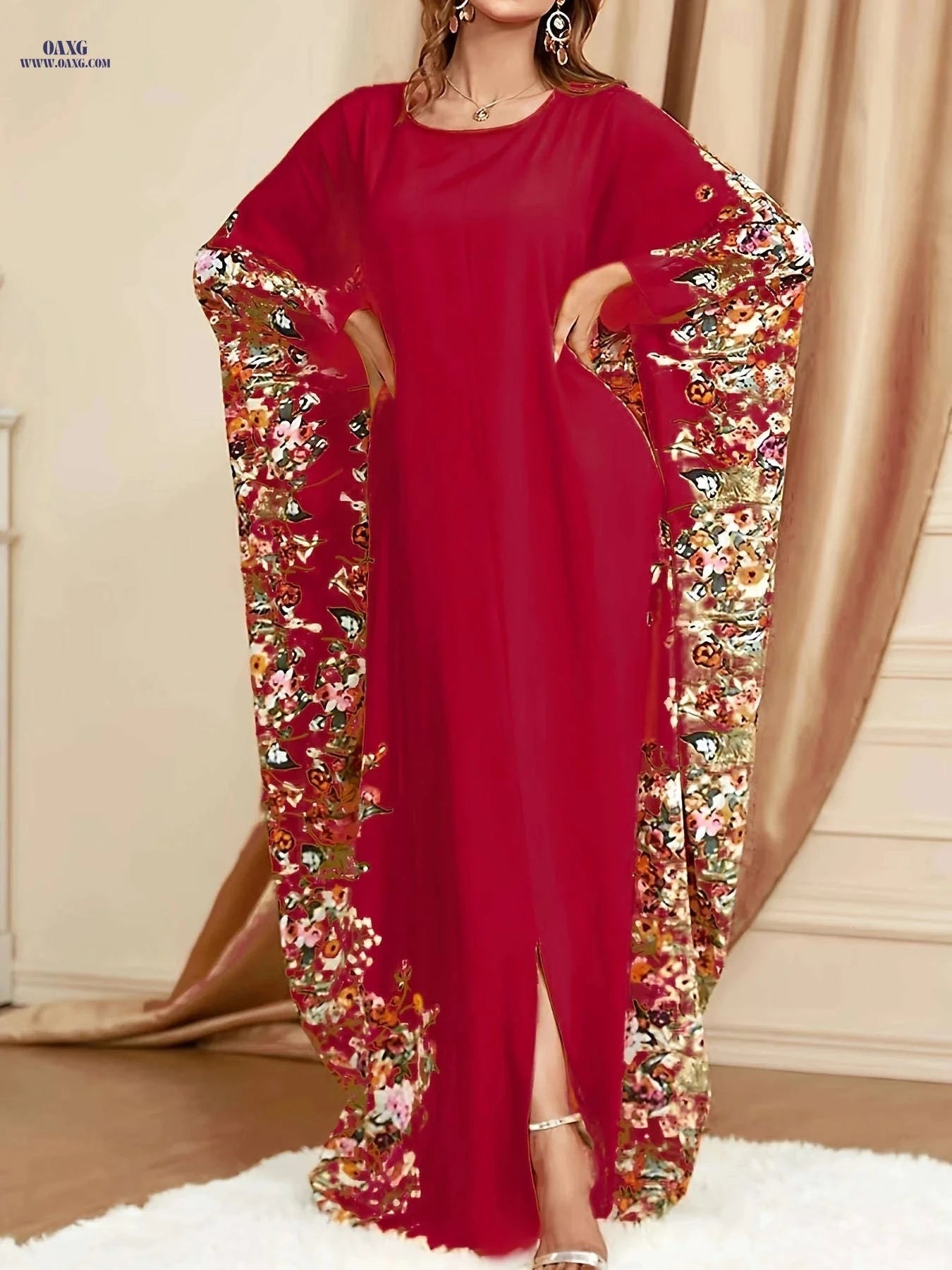 Elegant Floral Print Kaftan Abaya - Women's Split Maxi Dress   OAXG 