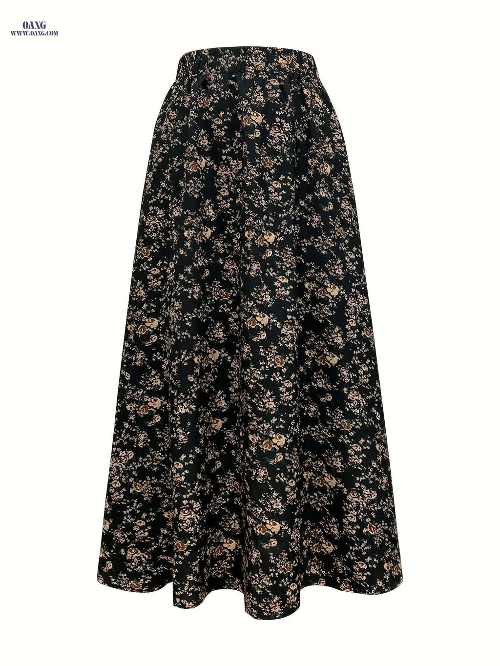 Elegant Floral Print Long Skirt - 100% Polyester, Spring Style   OAXG Black / S