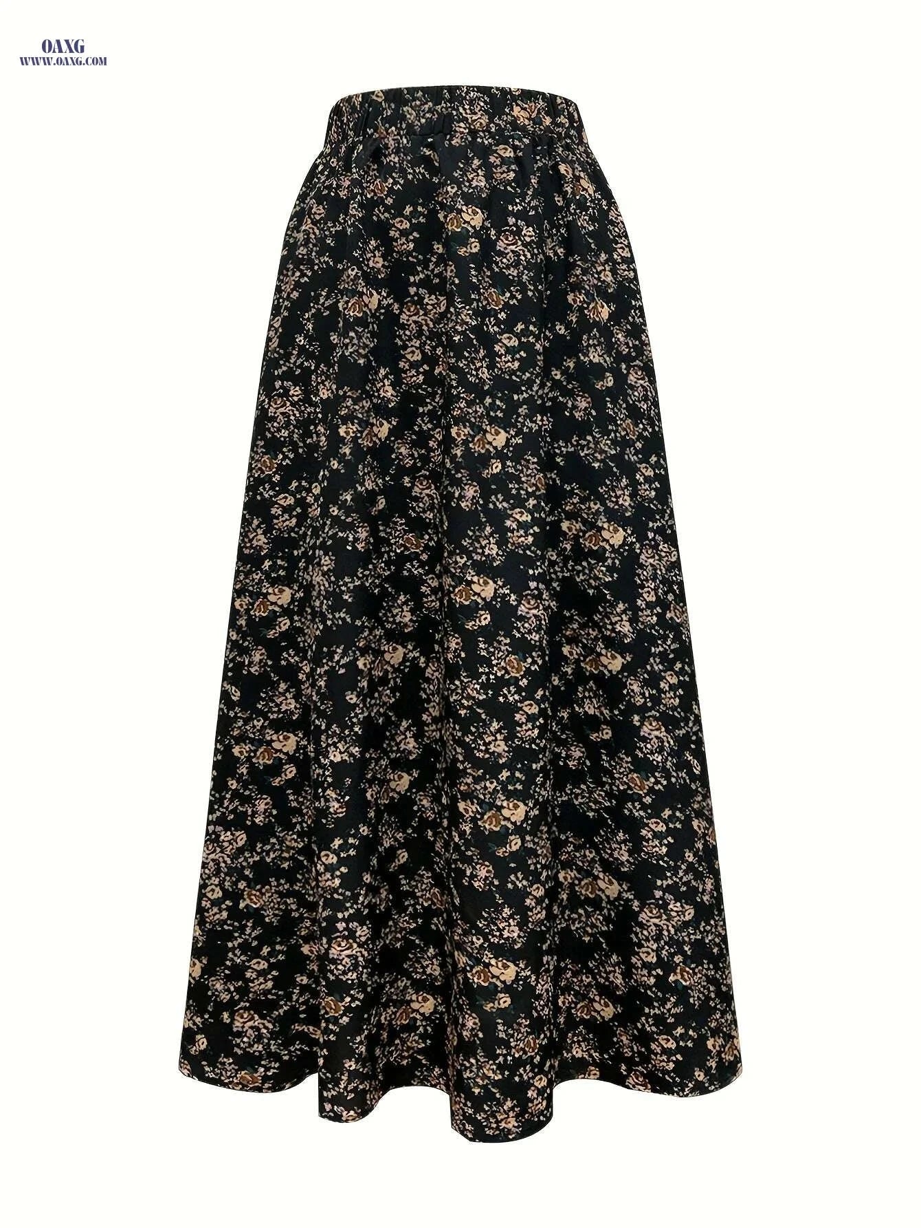 Elegant Floral Print Long Skirt - 100% Polyester, Spring Style   OAXG Black / S