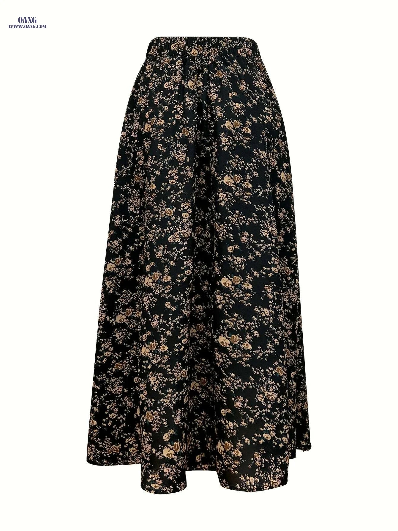 Elegant Floral Print Long Skirt - 100% Polyester, Spring Style   OAXG Black / S