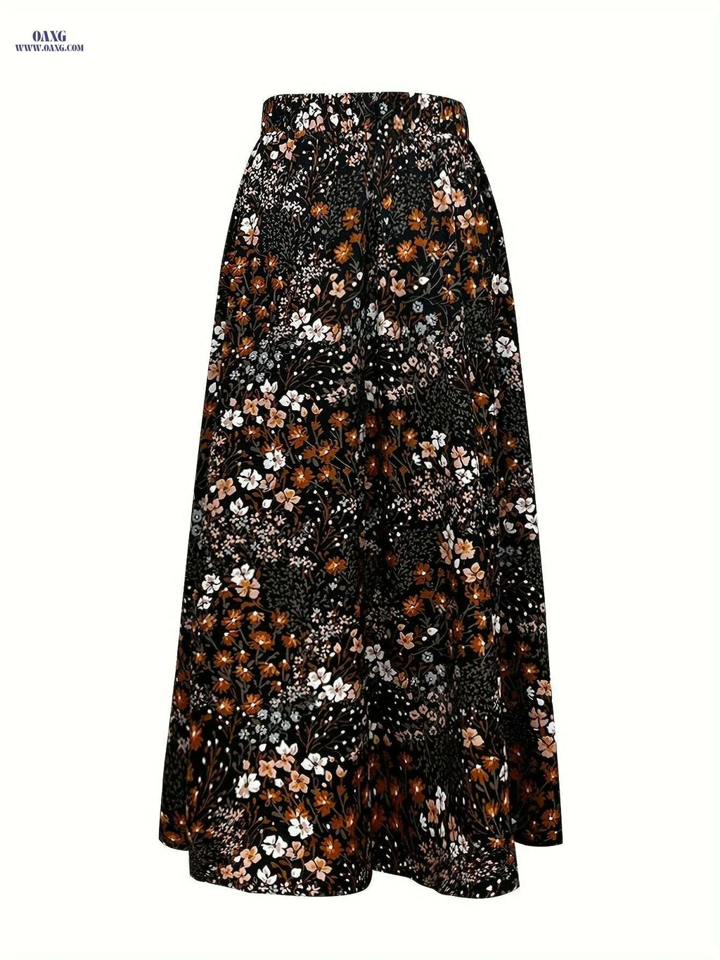 Elegant Floral Print Long Skirt - 100% Polyester, Spring Style   OAXG Black / S