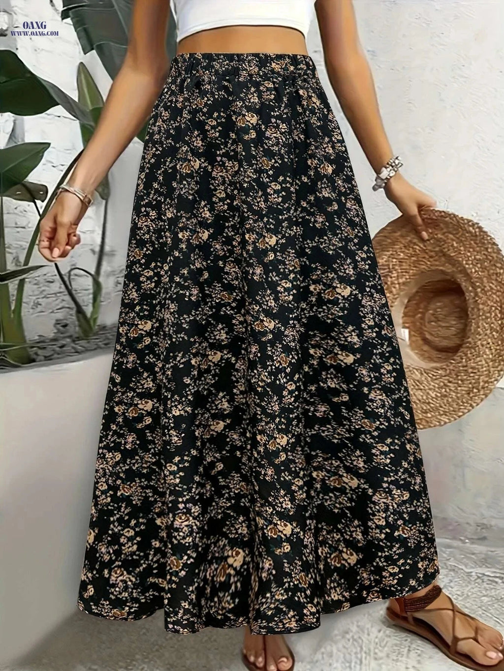 Elegant Floral Print Long Skirt - 100% Polyester, Spring Style   OAXG Black / S
