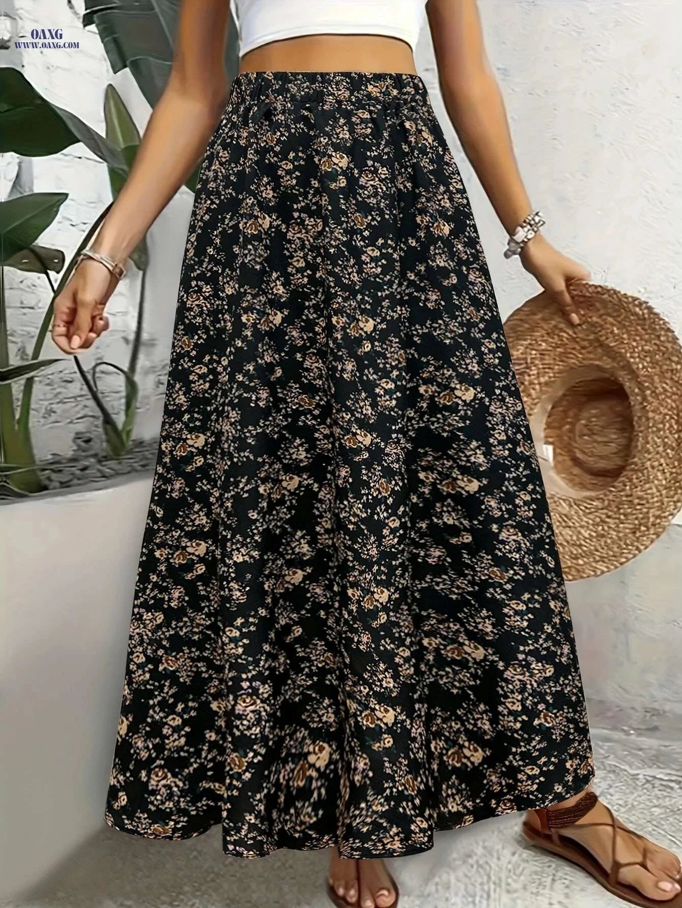 Elegant Floral Print Long Skirt - 100% Polyester, Spring Style   OAXG Black / S