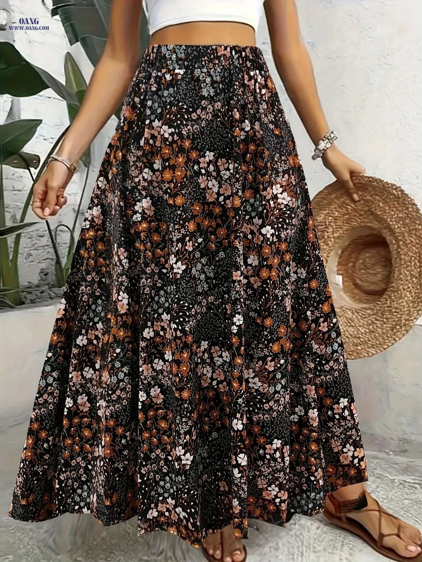 Elegant Floral Print Long Skirt - 100% Polyester, Spring Style   OAXG Black / S