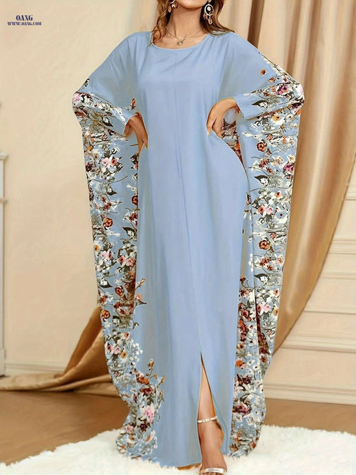 Elegant Floral Print Maxi Dress - Batwing Sleeve Kaftan for Women   OAXG 