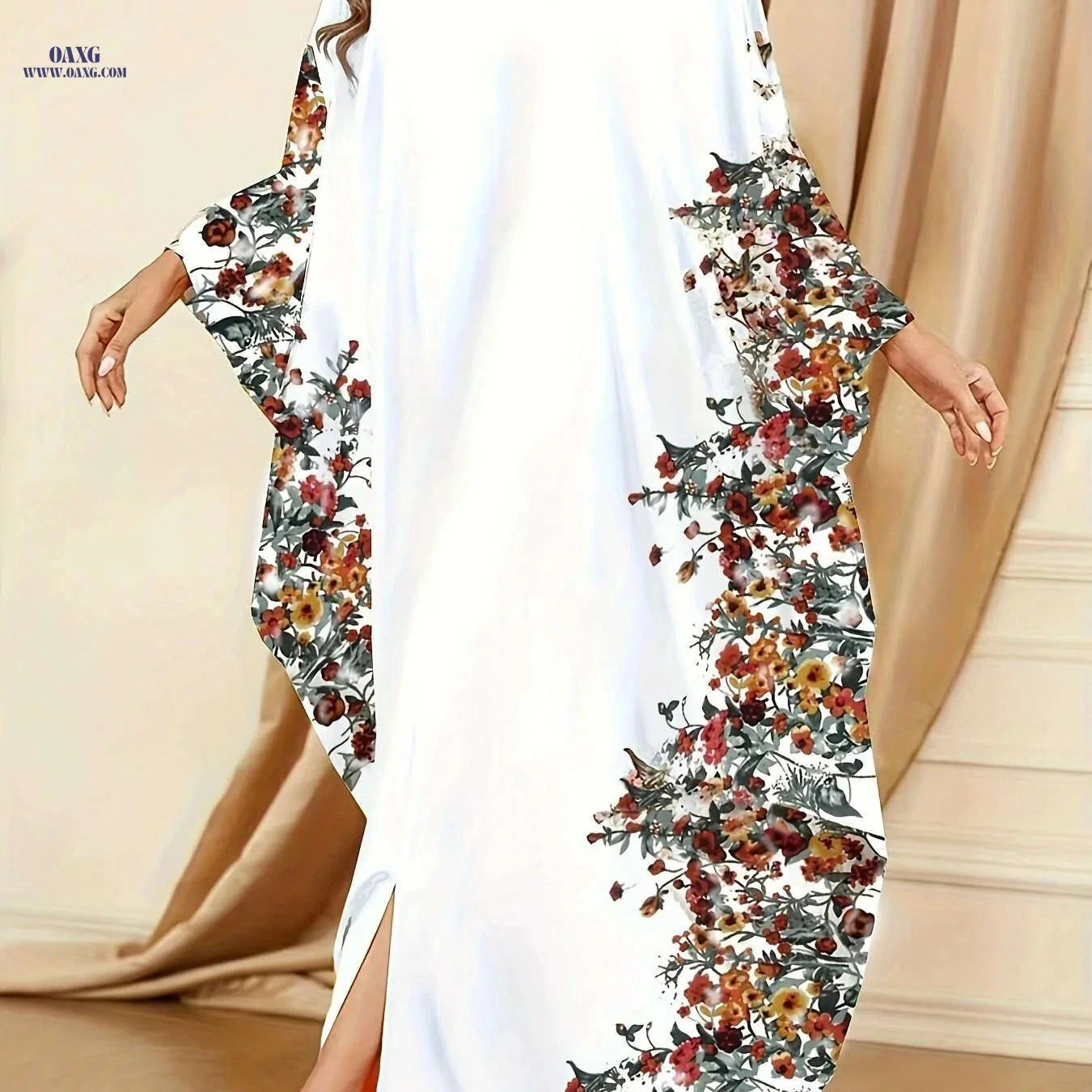 Elegant Floral Print Maxi Dress - Batwing Sleeve Kaftan for Women   OAXG 