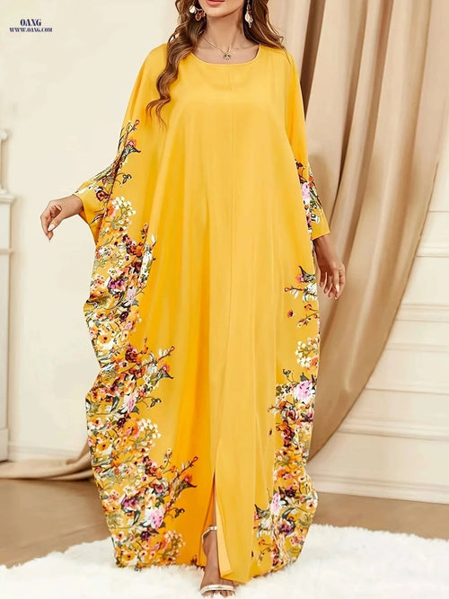 Elegant Floral Print Maxi Dress - Batwing Sleeve Kaftan for Women   OAXG 