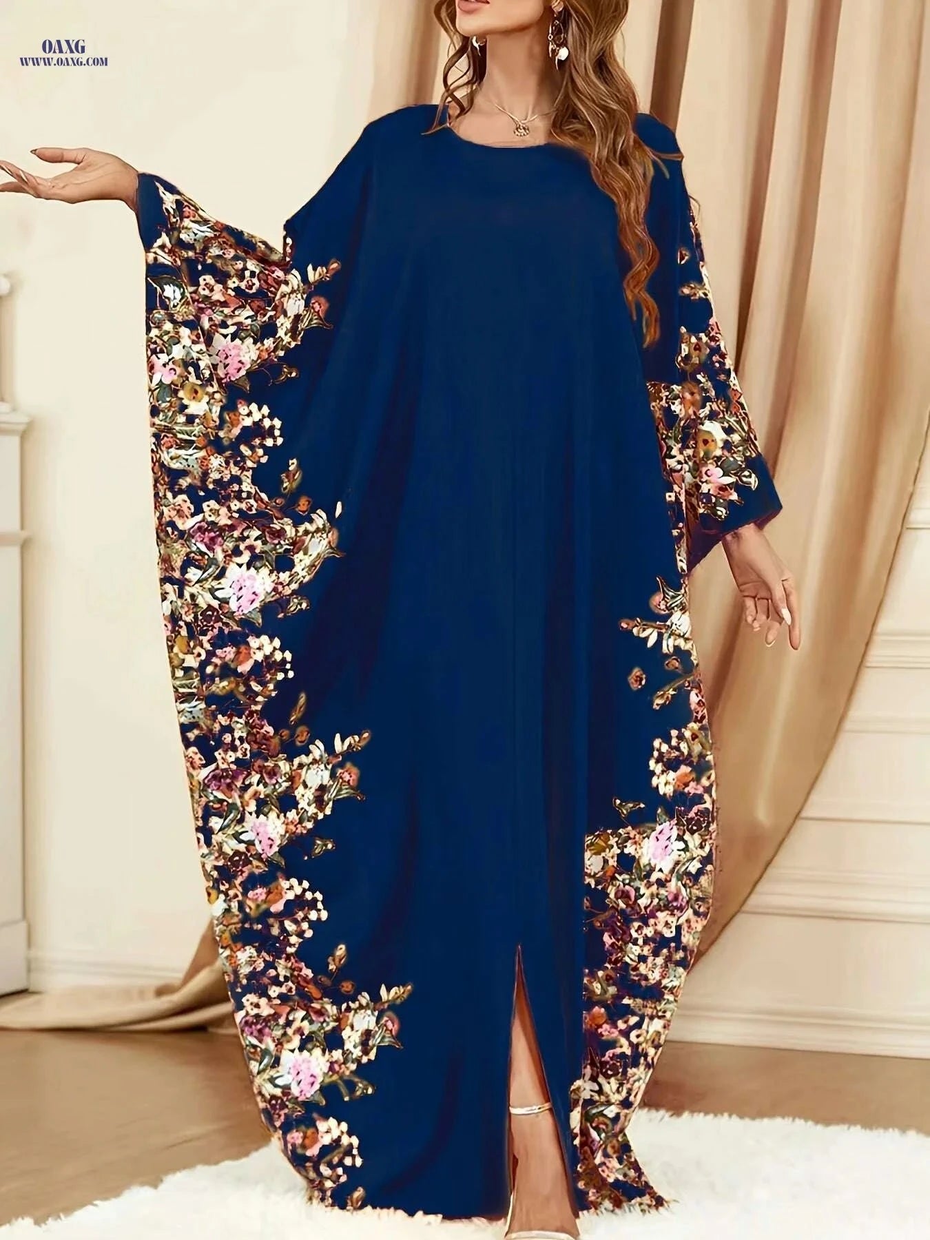 Elegant Floral Print Maxi Dress - Batwing Sleeve Kaftan for Women   OAXG orange yellow / One-size