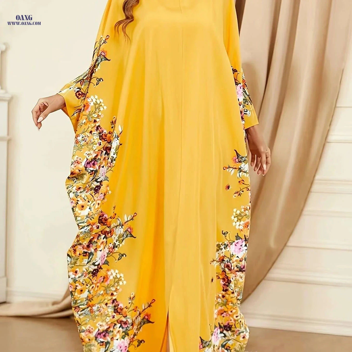 Elegant Floral Print Maxi Dress - Batwing Sleeve Kaftan for Women   OAXG orange yellow / One-size