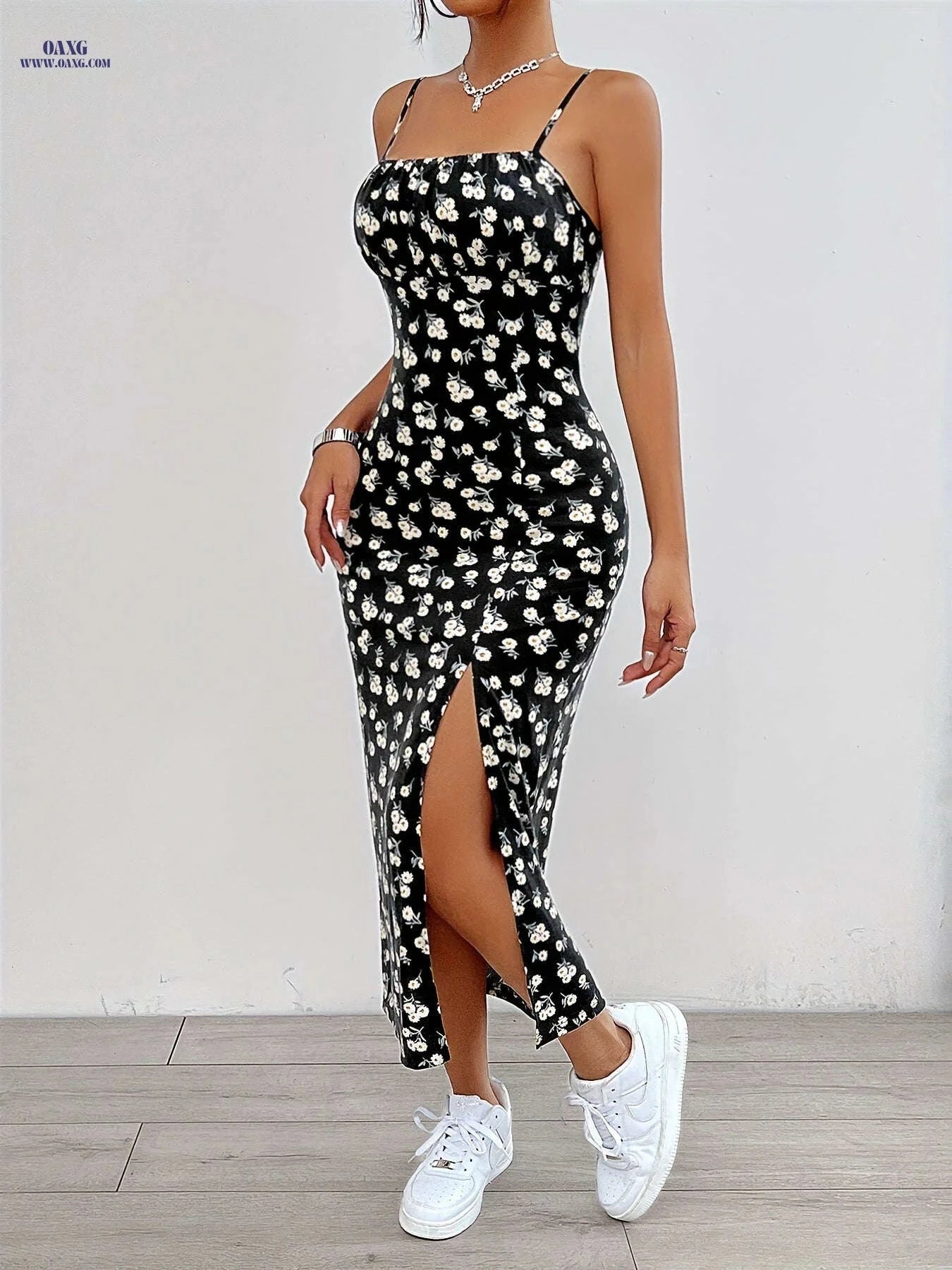 Elegant Floral Print Maxi Dress - Chic Spaghetti Strap Design for Women   OAXG 