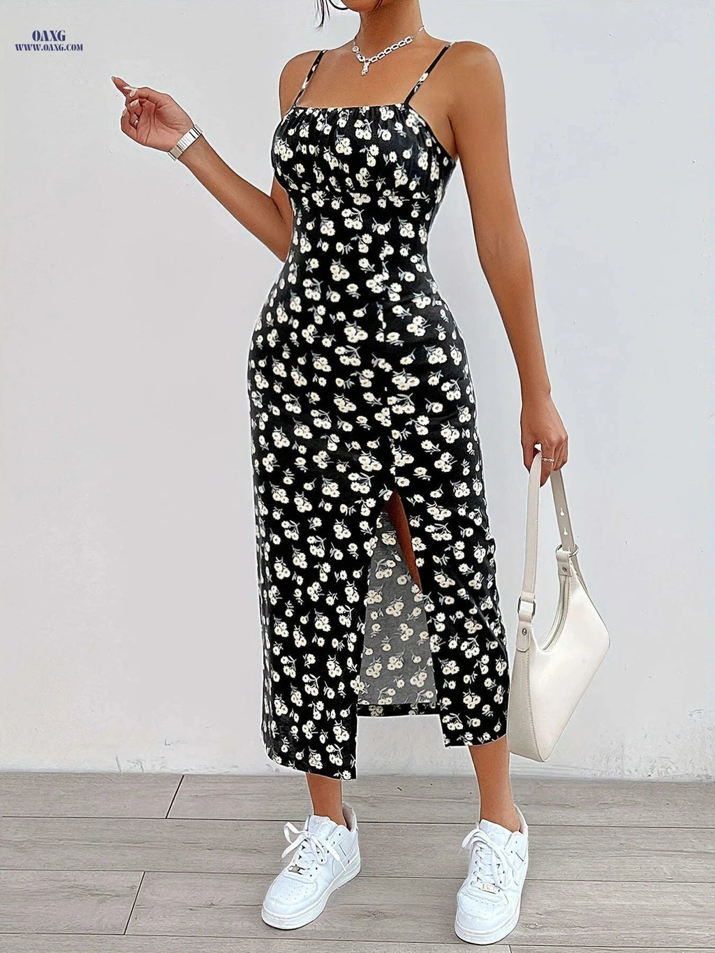 Elegant Floral Print Maxi Dress - Chic Spaghetti Strap Design for Women   OAXG 