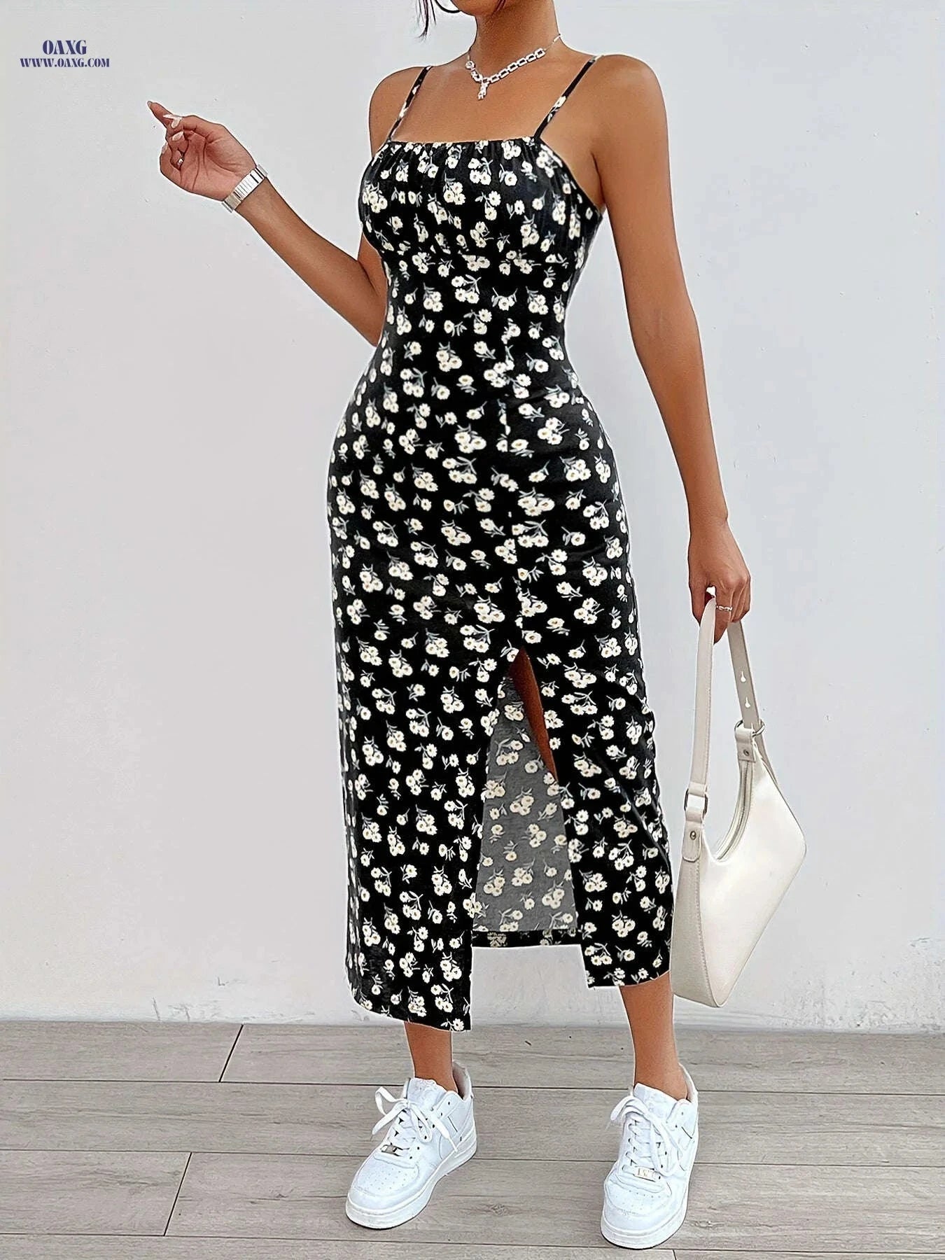 Elegant Floral Print Maxi Dress - Chic Spaghetti Strap Design for Women   OAXG 