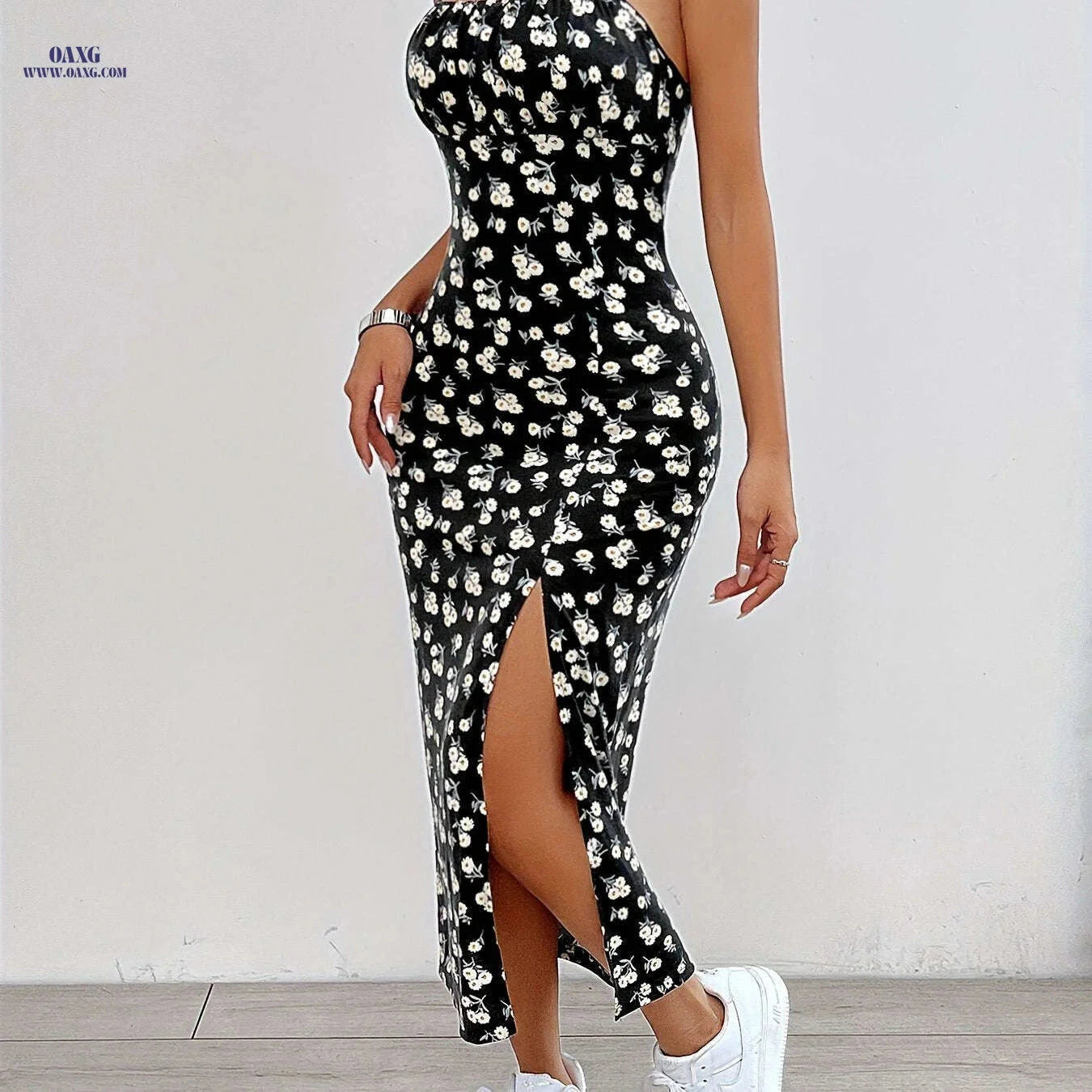Elegant Floral Print Maxi Dress - Chic Spaghetti Strap Design for Women   OAXG Black / XS