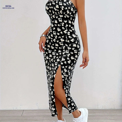 Elegant Floral Print Maxi Dress - Chic Spaghetti Strap Design for Women   OAXG Black / XS