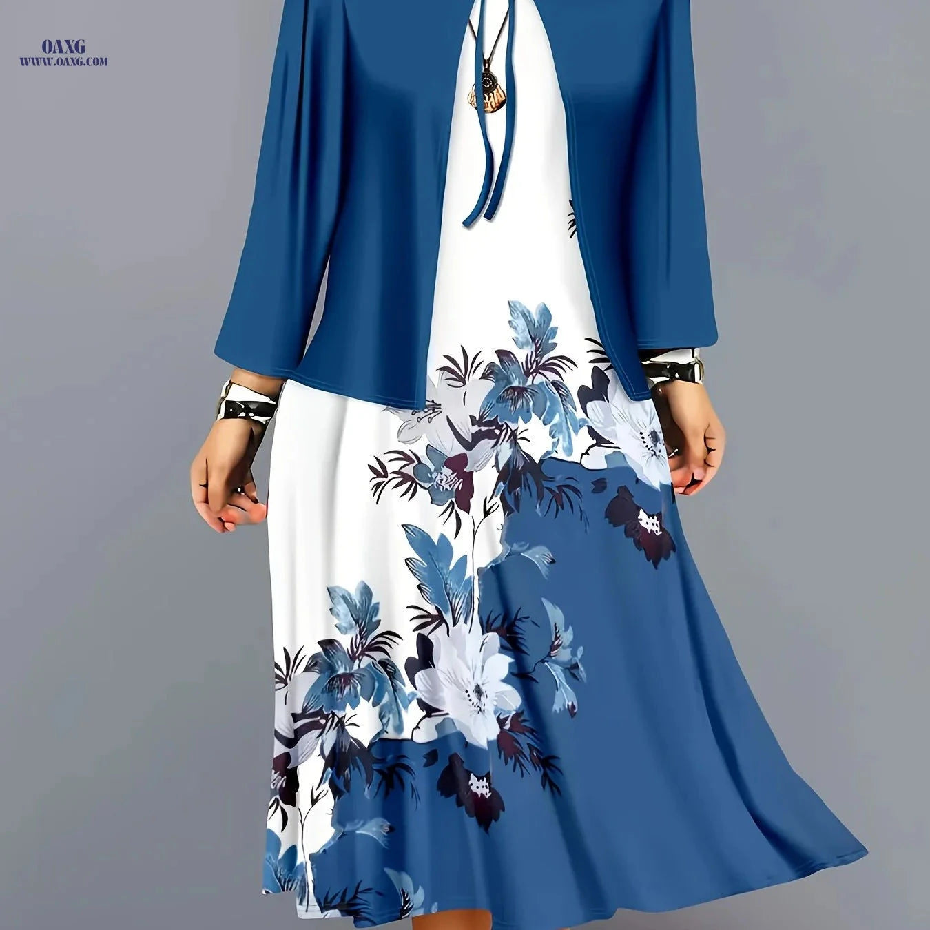 Elegant Floral Print Maxi Dress Set - Spring/Autumn Casual Outfit   OAXG Blue+Light White / S