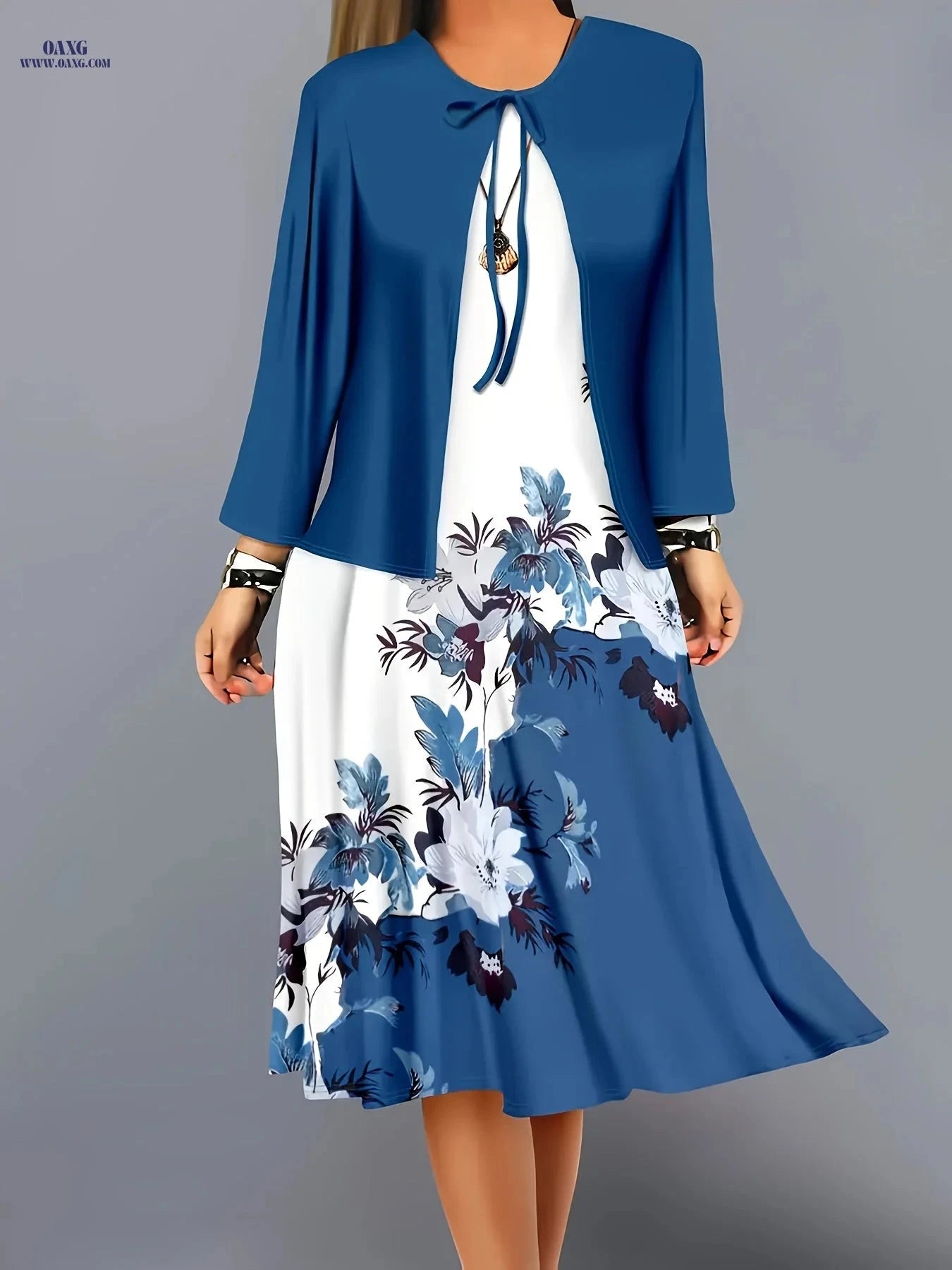 Elegant Floral Print Maxi Dress Set - Spring/Autumn Casual Outfit   OAXG Blue+Light White / S
